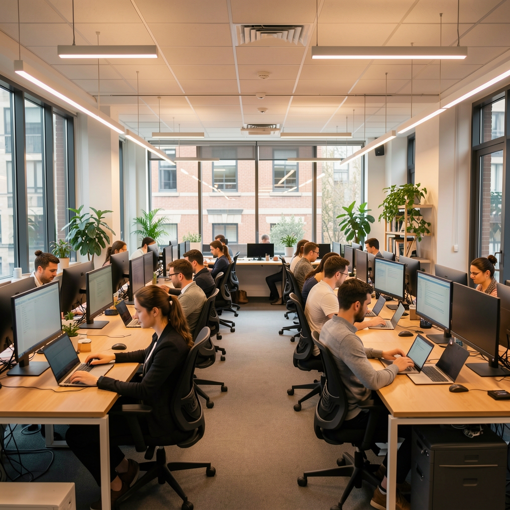 Modern digitális szerkesztőség, ahol újságírók laptopokon dolgoznak, nagy monitorokon hírhírfolyamok futnak