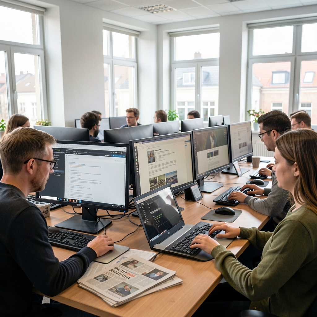 Szerkesztőségi munkaterem tele monitorokkal és újságírókkal, akik cikkeket szerkesztenek digitális eszközökön