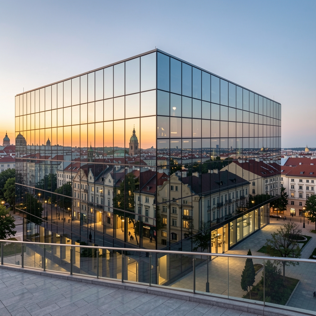 Budapesti médiapalota üveghomlokzata tükrözi a várost, esti fényben, szimbolizálva a modern médiát