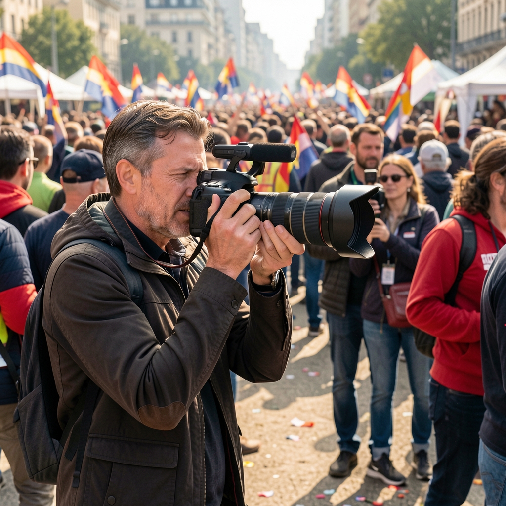 Fotóriporter a terepen, nagy teleobjektívű kamerával egy tüntetésen készít felvételeket – dinamikus, dokumentarista kép