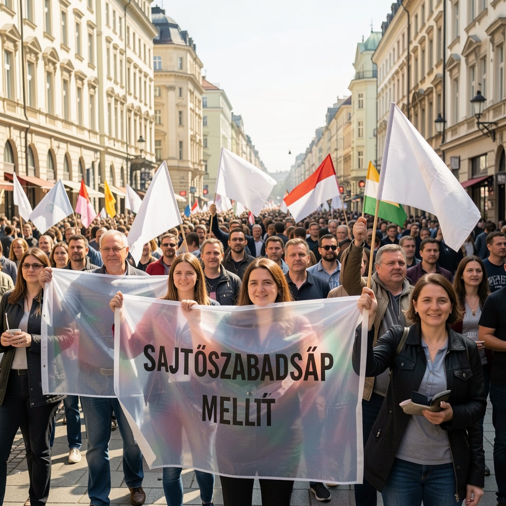 Tüntetők sajtószabadság mellett transzparenseket tartanak egy budapesti demonstráción nappal