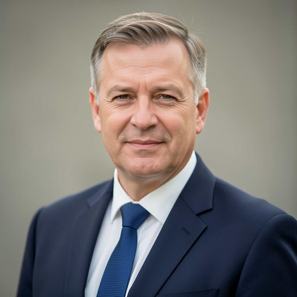Kovács András főszerkesztő portréfotója, középkorú férfi öltönyben, semleges háttér előtt