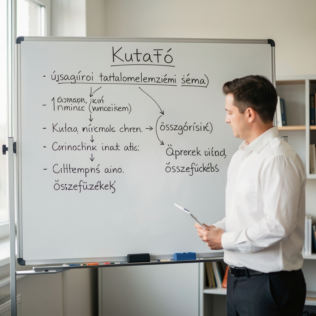 Kutató fehér tábla előtt újságírói tartalomelemzési sémával, kategóriák és összefüggések kézzel felírva