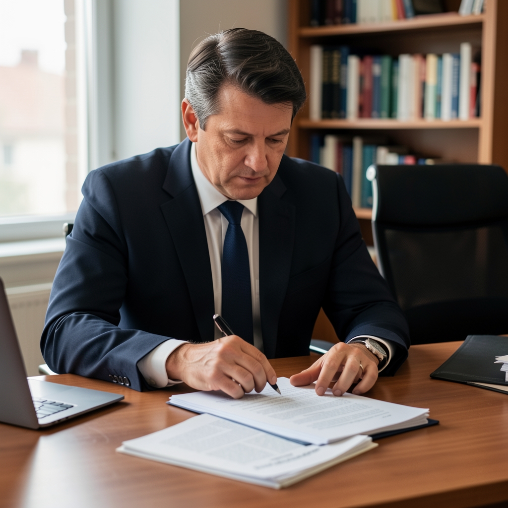 Investigatív újságíró dokumentumokat vizsgál asztalnál